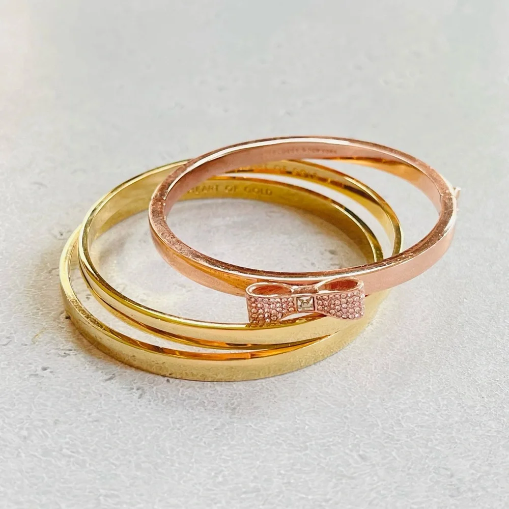Set of 3 Kate Spade Bangles Bracelets Heart of Gold & Rose Gold Bow - Picture 2 of 6